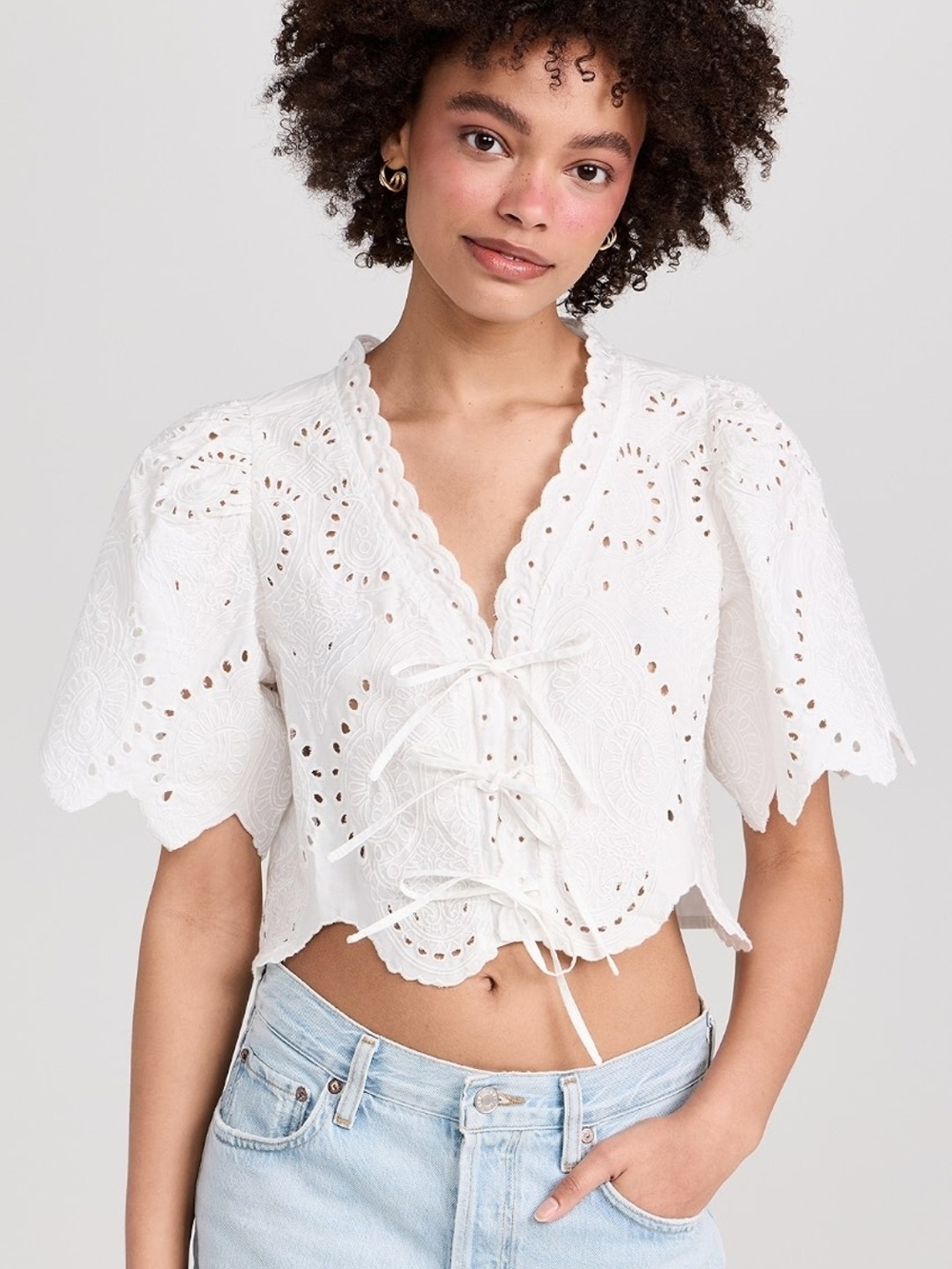 Moon River White Eyelet Tie-Front Peplum Blouse